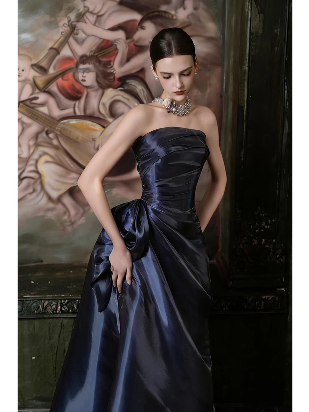 Simple Mermaid Navy Blue Strapless With Pleated Prom Dresses Inspiration Long Party Night Evening Gowns 19th Birthday Outfits AB2268
