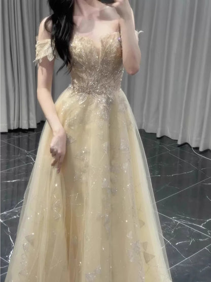 Unique A line Off The Shoulder Gold With Short Sleeves Prom Dresses Inspiration Party Night Gowns 20th Birthday Outfits AB2255