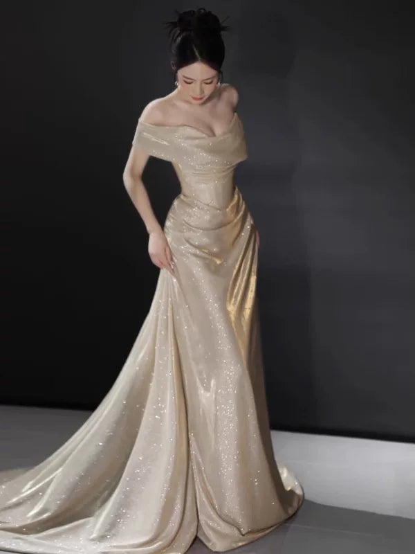 Sexy Mermaid Off The Shoulder Champagne Long Sequins Prom Dresses Party Dress 16th Birthday Outfits Graduation Dress AB2244