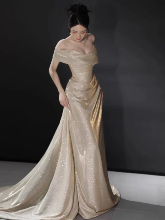 Sexy Mermaid Off The Shoulder Champagne Long Sequins Prom Dresses Party Dress 16th Birthday Outfits Graduation Dress AB2244