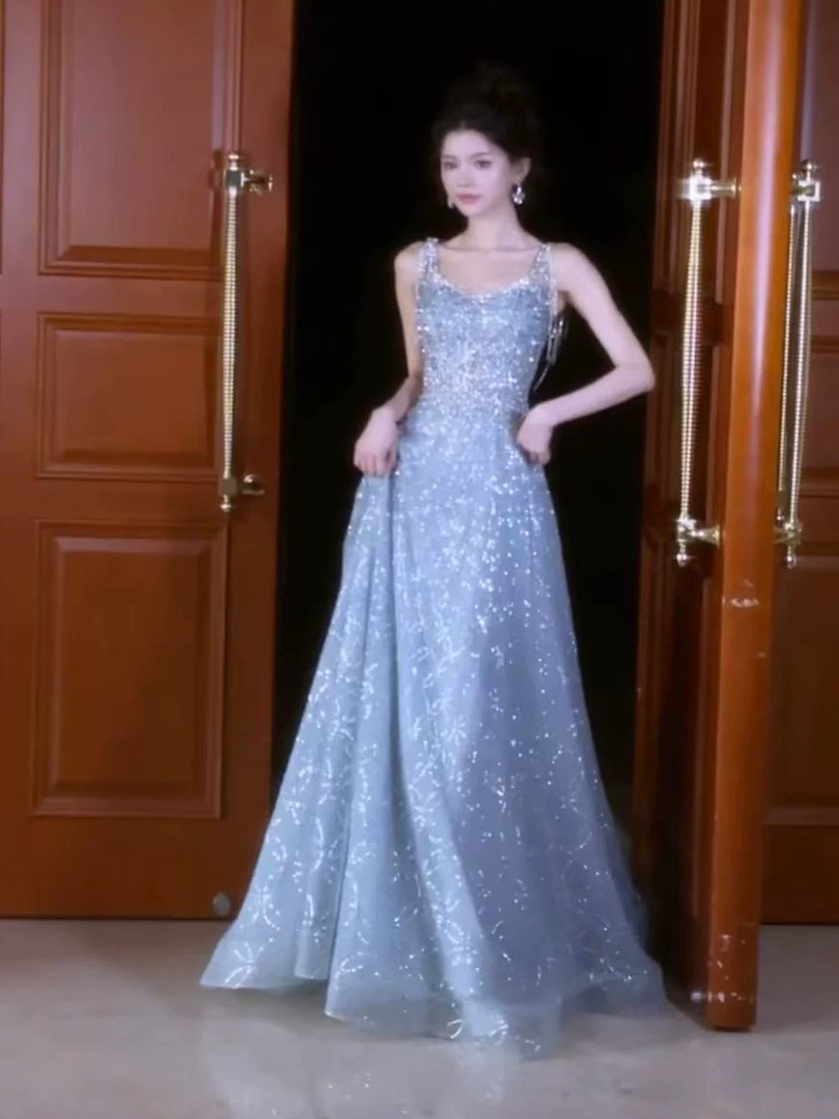 Beautiful Ball Gown Square Neck Blue Long Sequin Prom Dresses Party Dress 16th Birthday Outfits Graduation Dress AB2242