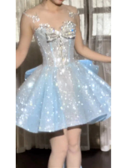 Glitter Ball Gown Sweetheart Blue Sequins Short 16th Birthday Dress Homecoming Dresses Cocktail Gown AB2242
