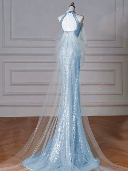 Modest Mermaid High Neck Blue Sequins Prom Dresses Inspiration Long Party Night Evening Dress 19th Birthday Outfits AB2273