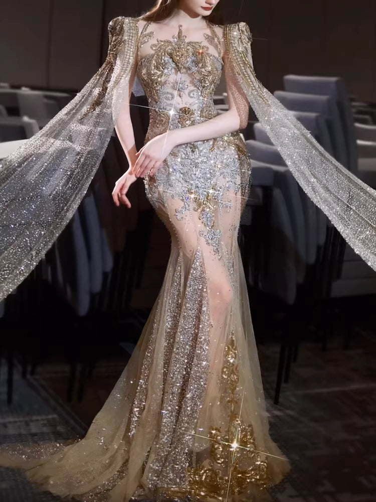 Luxurious Wedding Dresses Mermaid Scoop Neck Long Sleeves Gold With Sleeves Cape Sequins Brides Dress For Fitted Bridal Gowns AB2283