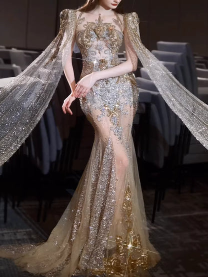 Luxurious Wedding Dresses Mermaid Scoop Neck Long Sleeves Gold With Sleeves Cape Sequins Brides Dress For Fitted Bridal Gowns AB2283