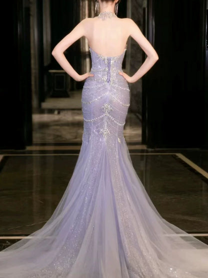 Modest Mermaid Strapless Lilac Sequins Prom Dresses Inspiration Long Party Evening Dress 21st Birthday Outfits AB2284