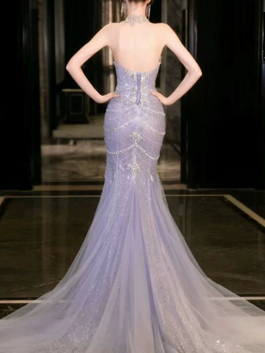 Modest Mermaid Strapless Lilac Sequins Prom Dresses Inspiration Long Party Evening Dress 21st Birthday Outfits AB2284
