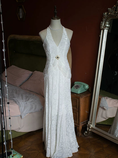 Vintage 50s Mermaid V Neck White Velvet Lace Prom Dresses Inspiration Long Party Retro Evening Dress 20th Birthday Outfits AB2343