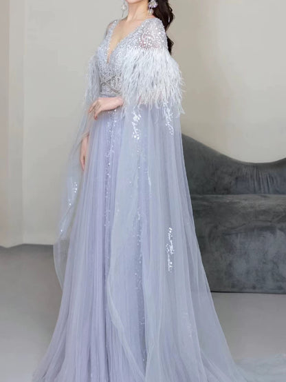Elegant A Line V Neck Light Sky Blue Tulle Prom Dresses Inspiration Long Party Evening Dress 19th Birthday Outfits AB2300
