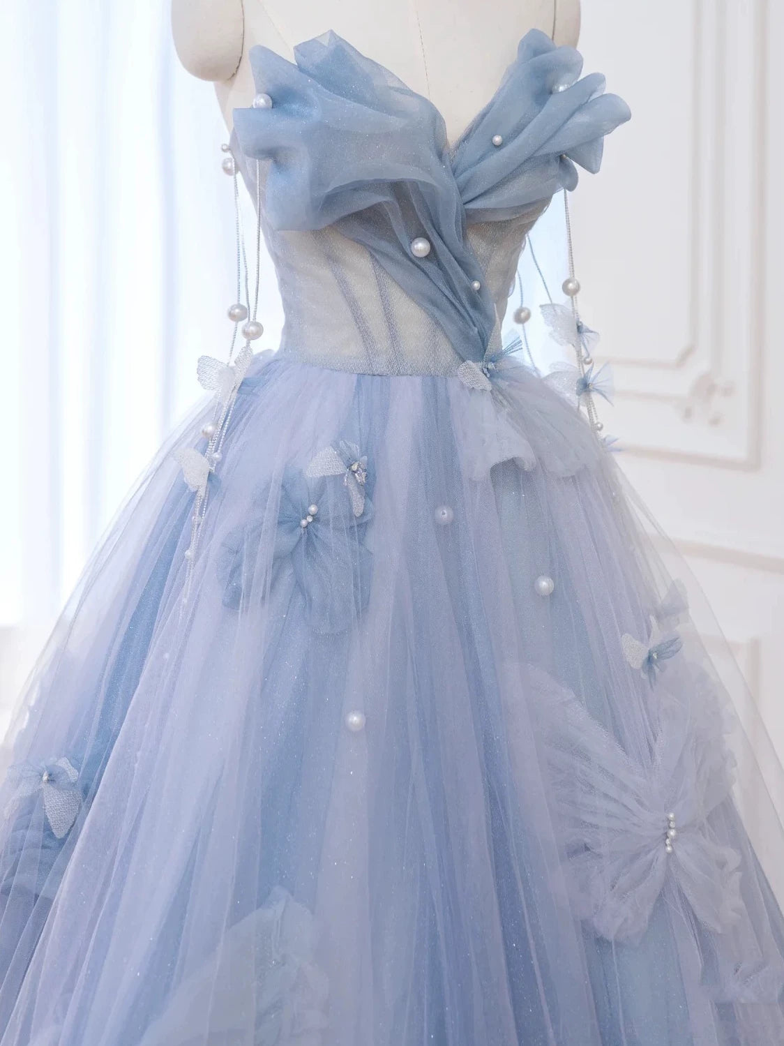 Elegant Ball Gown Sweetheart Blue Tulle Long Prom Dresses Formal Party Dress Prom Gown AB2318
