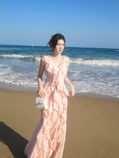 Simple A line V Neckline Chiffon Coral Pink Prom Dresses Long 16th Birthday Outfits AB2412