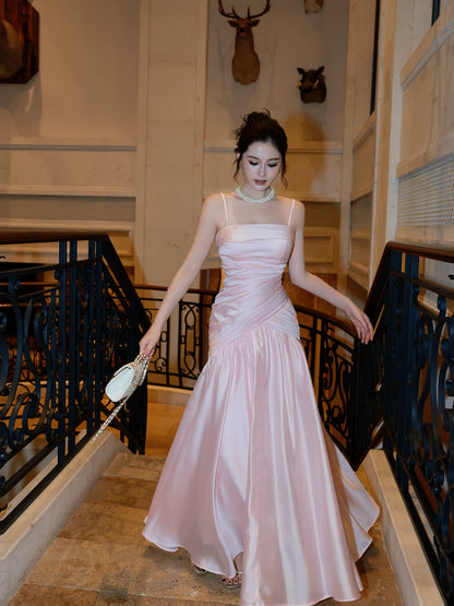 Elegant Mermaid Spaghetti Strap Pink Satin Long Pleated Prom Dress Aesthetic Long Graduation Birthday Holiday Outfits N083