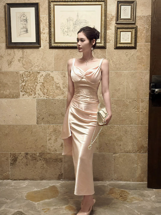 Elegant Mermaid Spaghetti Strap Pink Satin Bodycon Pleated Prom Dress Aesthetic Graduation Birthday Holiday Outfits N084