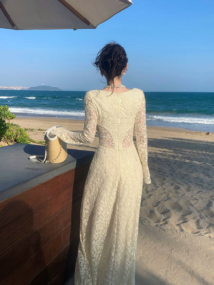 Elegant A line Square Neck White Lace Long Sleeves Prom Dresses 16th Nigh Party Birthday Outfits AB2467