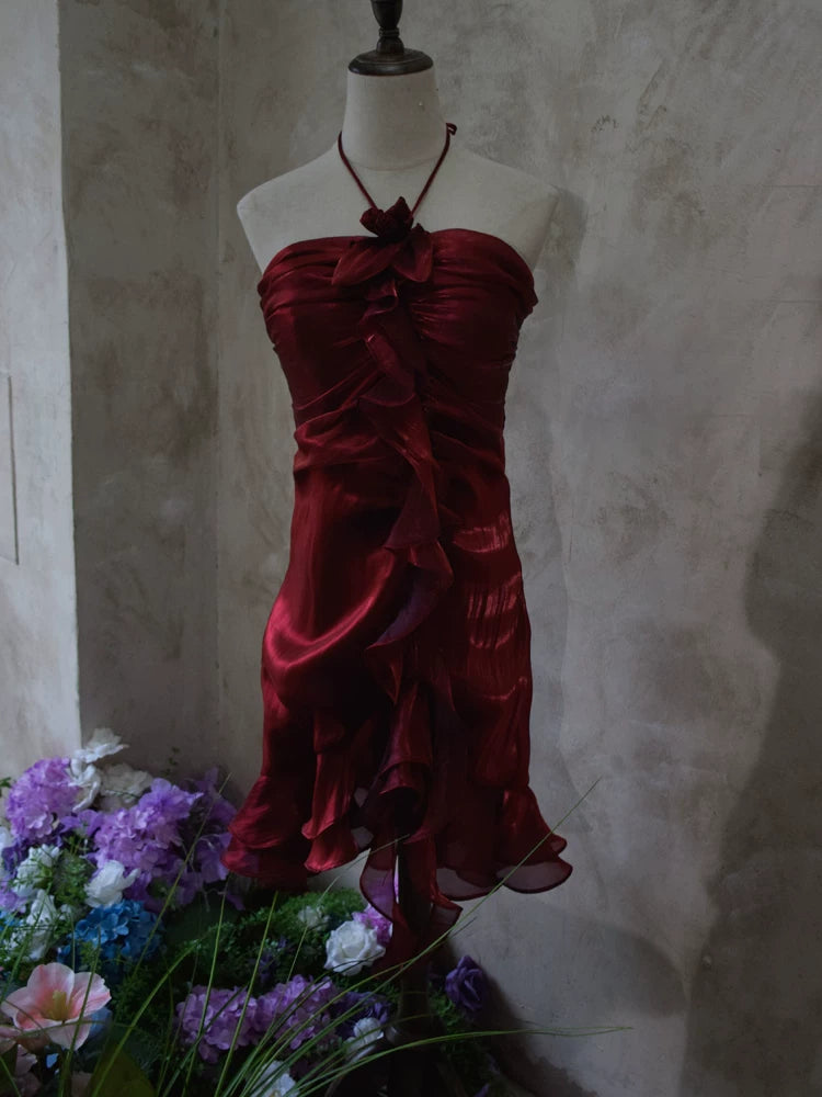 Vintage Sheath Halter Burgundy Short Cocktail Dress 16th Birthday Outfits Homecoming Dresses Night Party Gown AB2382