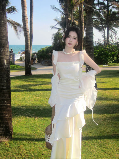 Elegant Mermaid Square Neck White Chiffon Ankle Length Prom Dresses 16th Nigh Party Birthday Outfits AB2416