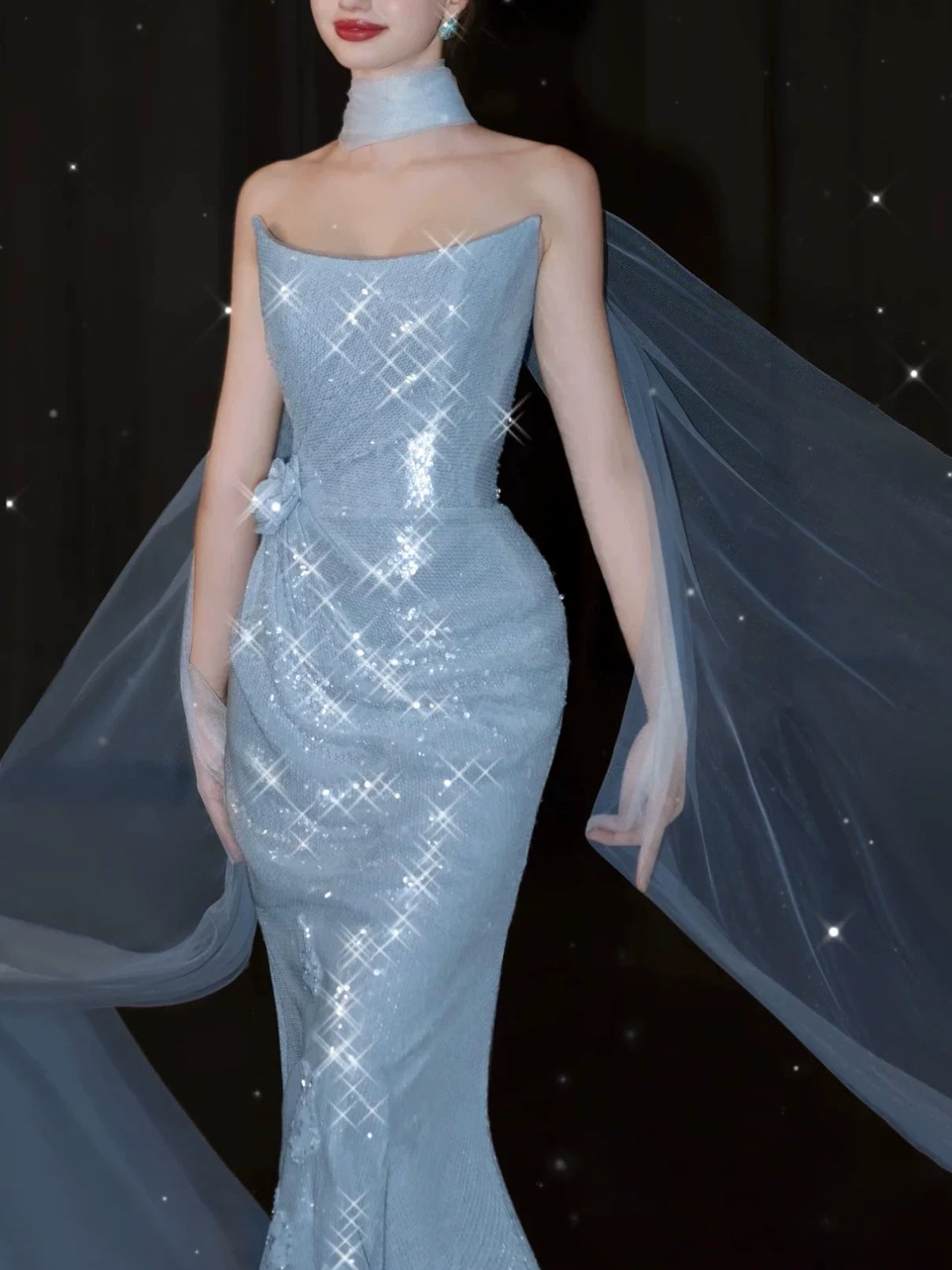 Modest Mermaid Strapless Sequins Blue With Scarf Prom Dresses Inspiration Long Party Evening Dress 21st Birthday Outfits AB2290