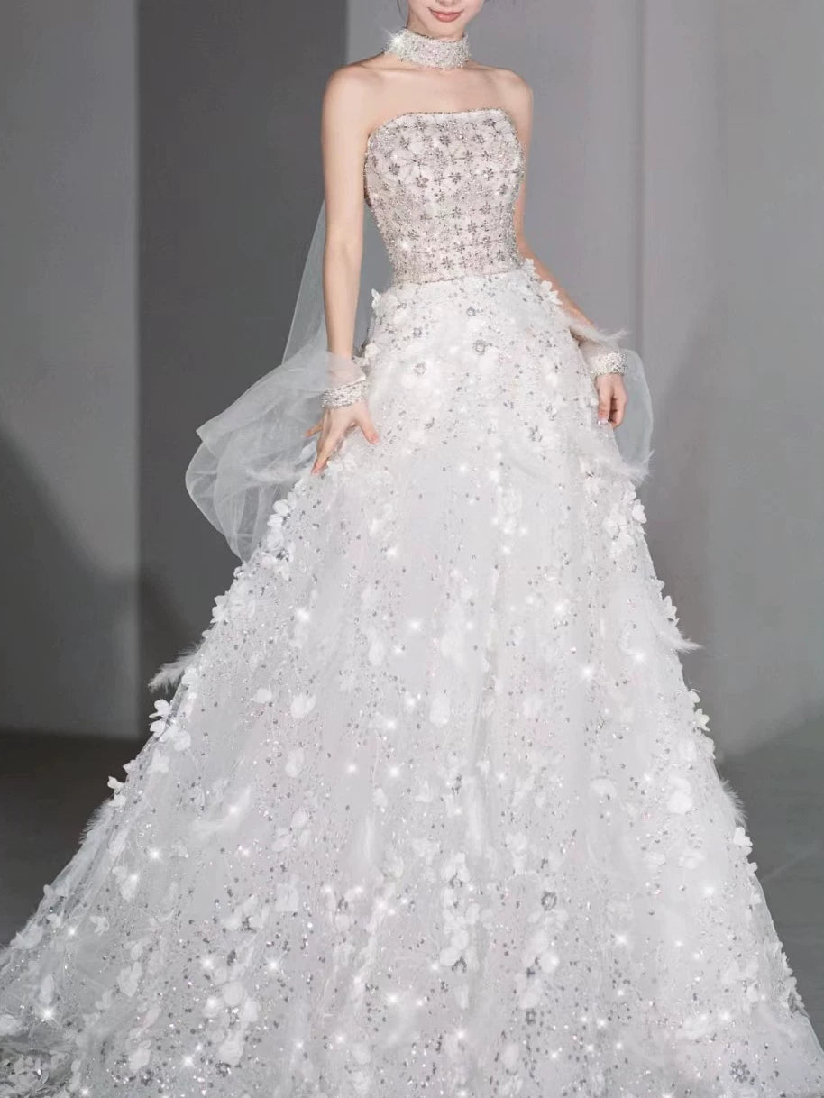 Modest Ball Gown Strapless White Sequins Prom Dresses Inspiration Long Party Evening Dress 21st Birthday Outfits AB2294