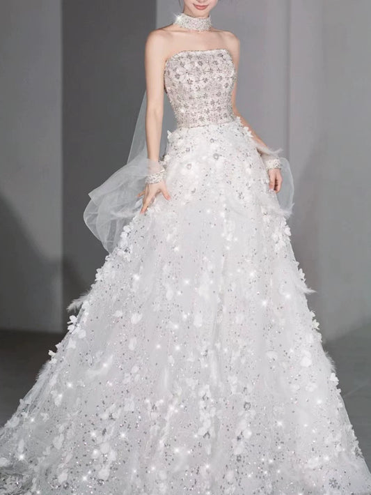 Modest Ball Gown Strapless White Sequins Prom Dresses Inspiration Long Party Evening Dress 21st Birthday Outfits AB2294