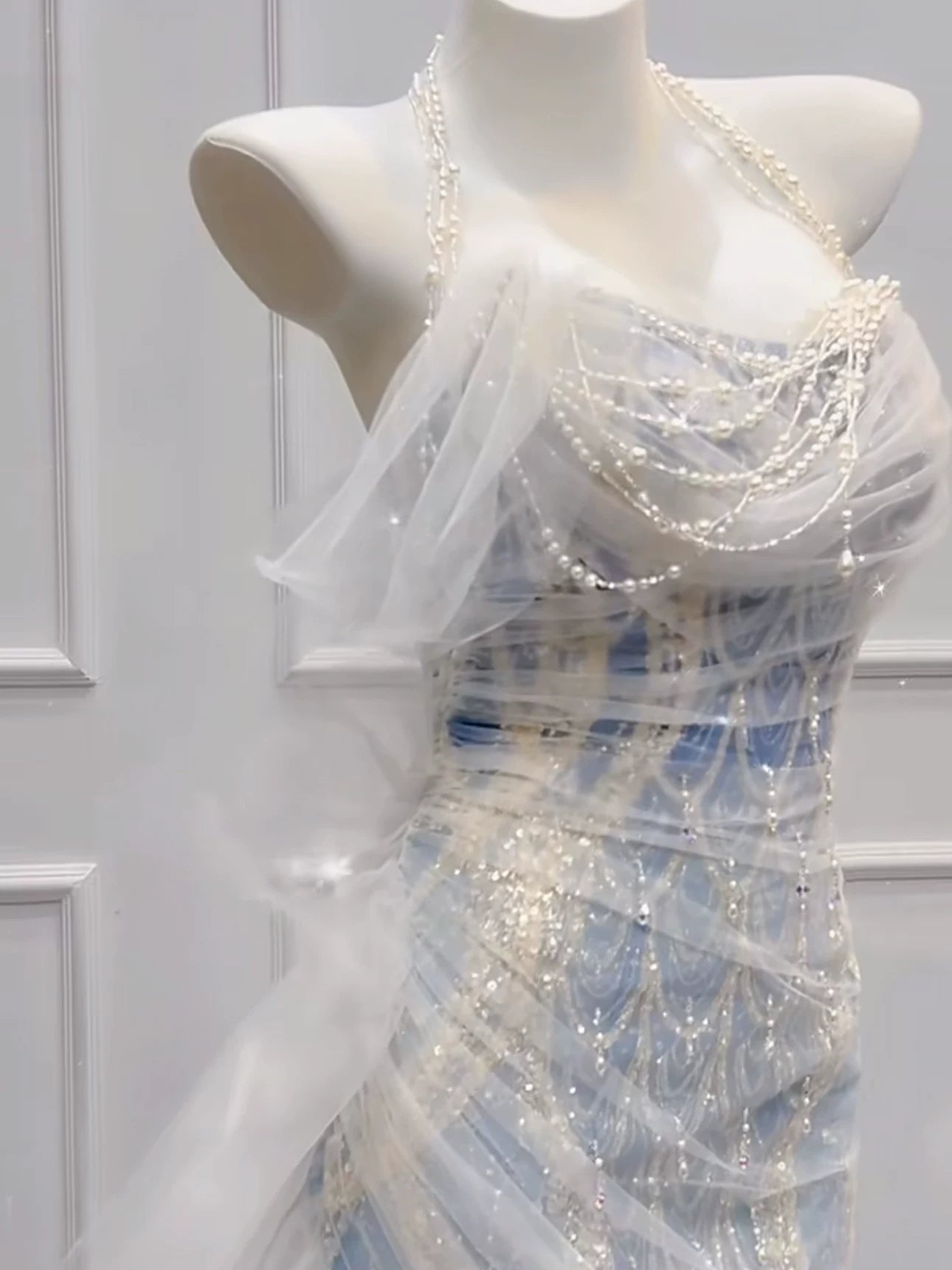 Modest Mermaid Off The Shoulder Tulle Blue With Pearls Prom Dresses Inspiration Long Party Evening Dress 21st Birthday Outfits AB2289