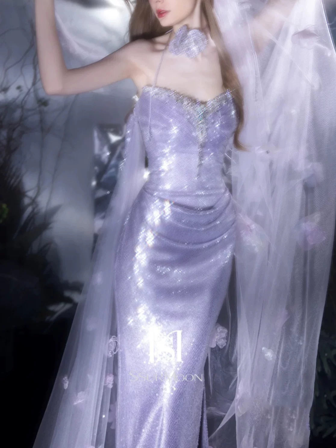Modest Mermaid Strapless Lilac With Slit Sequins Prom Dresses Inspiration Long Party Evening Dress 21st Birthday Outfits AB2288
