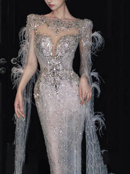 Luxurious Wedding Dresses Mermaid Scoop Neck Long Sleeves Silver Sequins Brides Dress Style For Brides Fitted Bridal Gowns AB2270