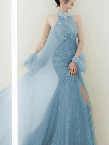 Modest Mermaid High Neck Tulle Blue With Split Prom Dresses Inspiration Long Party Evening Dress 19th Birthday Outfits AB2277