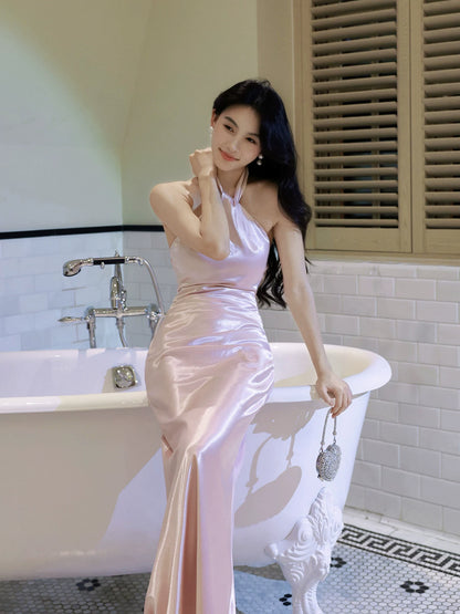 Chic Sheath Halter Pink Satin Ankle Length Prom Dresses Aesthetic Graduation 18th Birthday Outfits N098