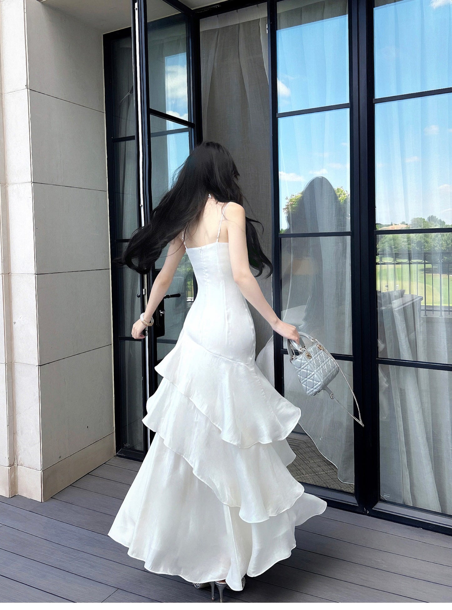 Modest Mermaid Spaghetti Straps White Ruffles Long Prom Dresses High School Teens Graduation Dance Dress 20th Birthday Outfits AB2503