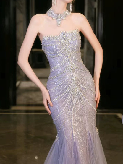 Modest Mermaid Strapless Lilac Sequins Prom Dresses Inspiration Long Party Evening Dress 21st Birthday Outfits AB2284
