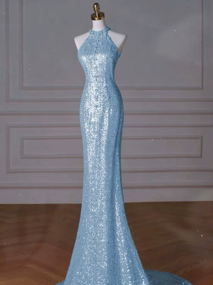 Modest Mermaid High Neck Blue Sequins Prom Dresses Inspiration Long Party Night Evening Dress 19th Birthday Outfits AB2273