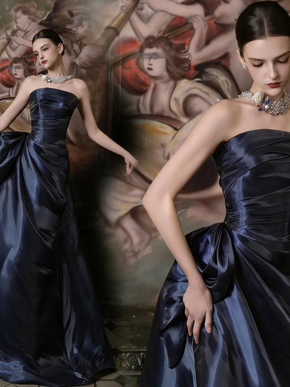 Simple Mermaid Navy Blue Strapless With Pleated Prom Dresses Inspiration Long Party Night Evening Gowns 19th Birthday Outfits AB2268