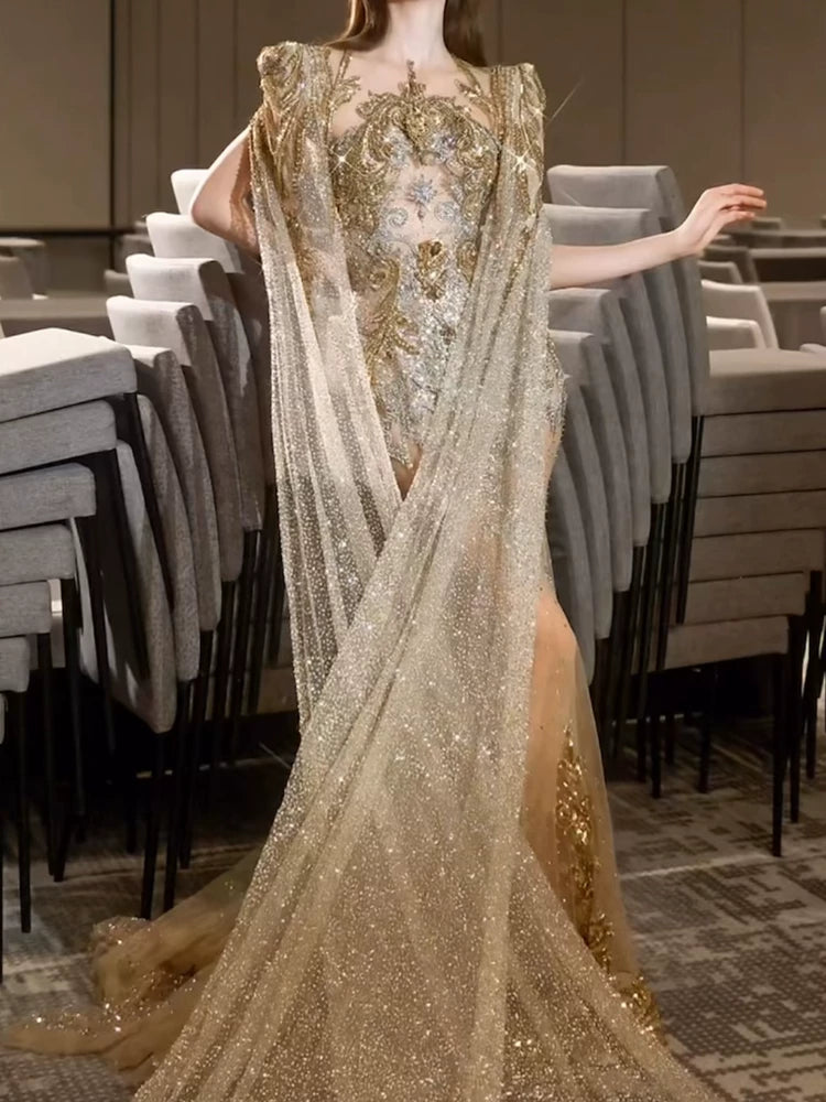 Luxurious Wedding Dresses Mermaid Scoop Neck Long Sleeves Gold With Sleeves Cape Sequins Brides Dress For Fitted Bridal Gowns AB2283