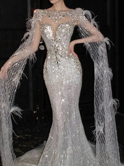 Luxurious Wedding Dresses Mermaid Scoop Neck Long Sleeves Silver Sequins Brides Dress Style For Brides Fitted Bridal Gowns AB2270