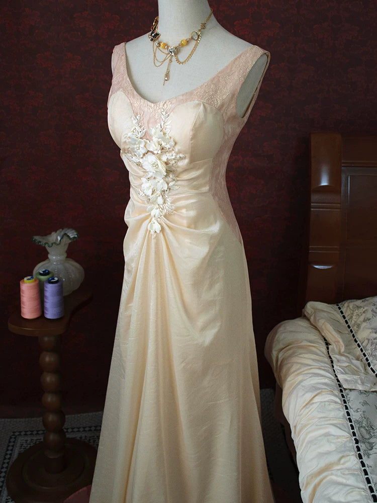 Vintage 1960s Mermaid V Neck Pink With Flowers Lace Prom Dresses Inspiration Long Party Evening Dress 18th Birthday Outfits AB2380