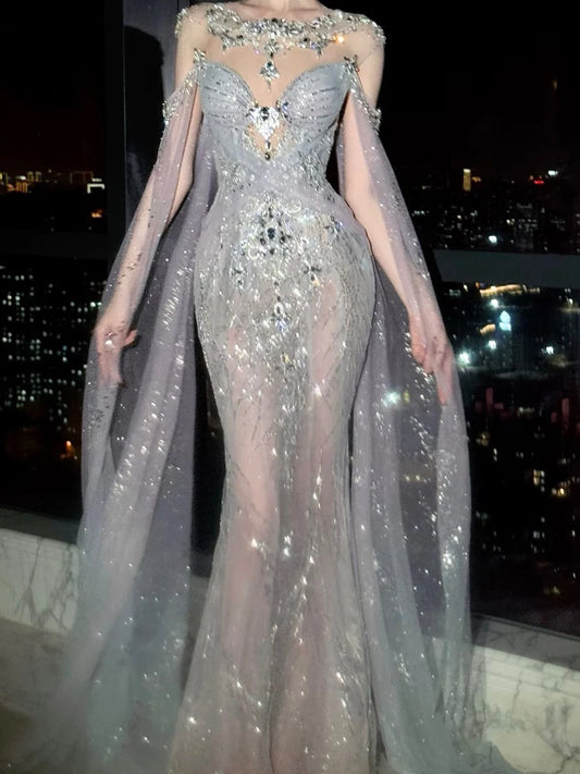 Sparkly Wedding Dresses Mermaid Scoop Neck With Long Sleeves Cape Silver Gray Sequins Brides Dress For Brides Fitted Bridal Gown AB2336