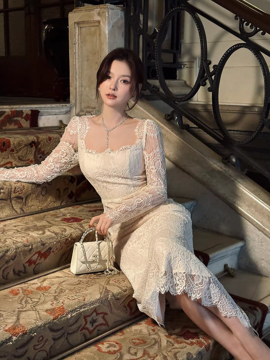 Sexy Mermaid Square Neck Lace White Long Sleeves Ankle Length Prom Dresses Wedding Guest Dress 22th Birthday Outfits AB2491