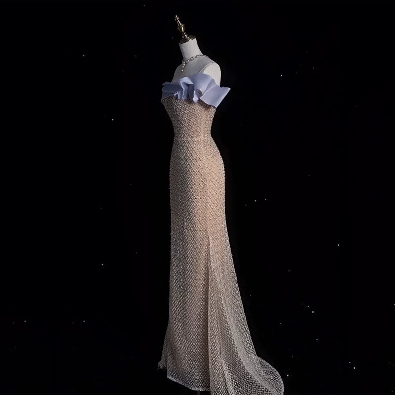 Modest Prom Dresses Aesthetic Mermaid Off The Shoulder Champagne Inspiration With Short Sleeves Long Party Formal Gown AB2334
