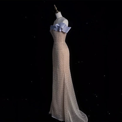 Modest Prom Dresses Aesthetic Mermaid Off The Shoulder Champagne Inspiration With Short Sleeves Long Party Formal Gown AB2334