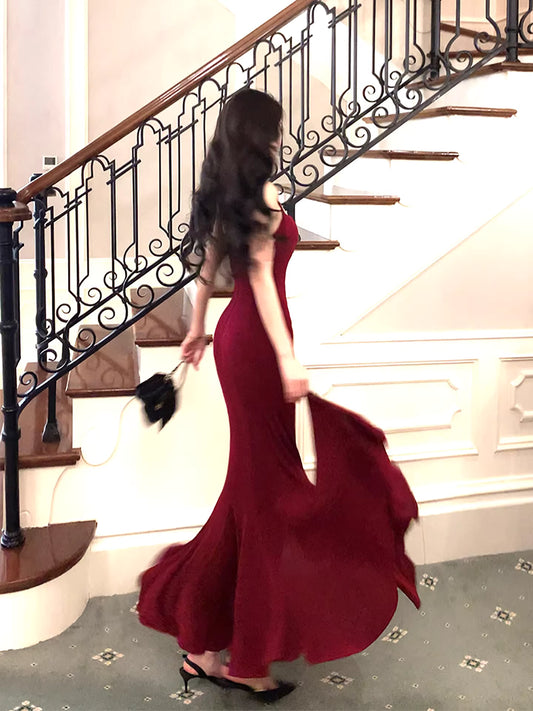 Modest Mermaid Spaghetti Straps Burgundy Long Prom Dresses Wedding Guest Dress 20th Birthday Outfits AB2493