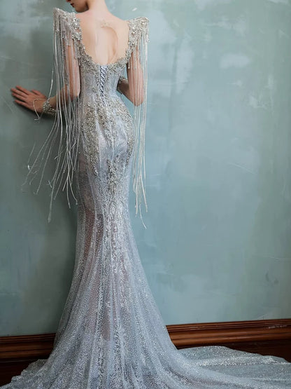 Sparkly Mermaid Sweetheart Sequins With Beads Long Sleeves Prom Dresses Inspiration Long Party Night Gowns 20th Birthday Outfits AB2303