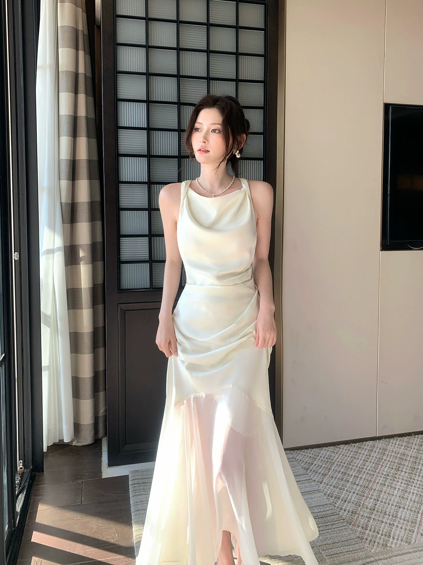 Elegant Mermaid Cowl Neck Satin Ankle Length Satin Prom Dresses Long 16th Nigh Party Birthday Outfits AB2414