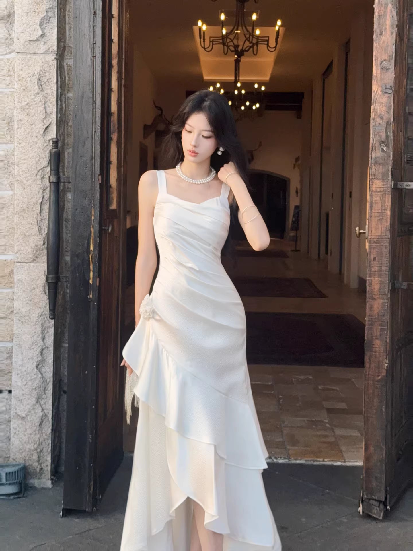 Modest Mermaid Square Neck White Satin Party Evening Night Dresses For Women Inspiration Long 18th Birthday Outfits AB2492