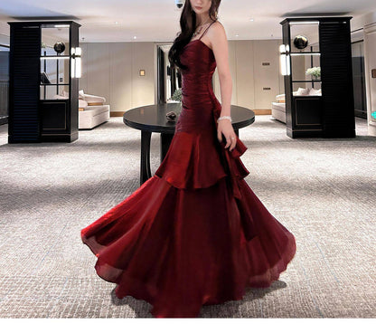 Modest Mermaid Spaghetti Straps Burgundy Wine Red Long Prom Dresses High School Teens Graduation Dance Dress 20th Birthday Outfits AB2502