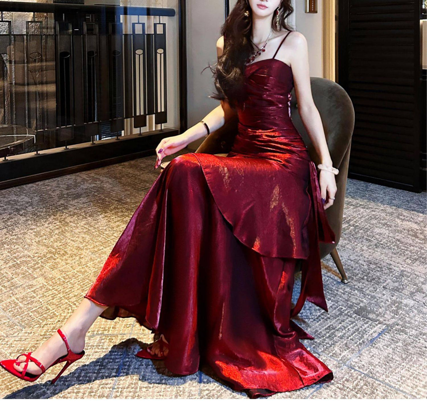 Modest Mermaid Spaghetti Straps Burgundy Wine Red Long Prom Dresses High School Teens Graduation Dance Dress 20th Birthday Outfits AB2502