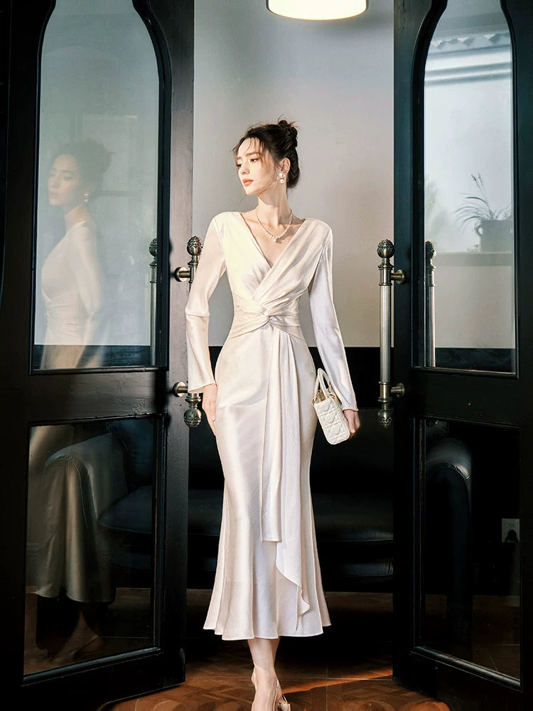 Sexy Mermaid V Neck Long Sleeves Ankle Length Prom Dresses Wedding Guest Dress 22th Birthday Outfits AB2511