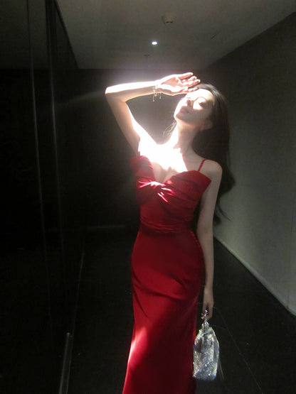 Elegant Mermaid Spaghetti Straps Red Satin Ankle Length Prom Dresses 17th Nigh Party Birthday Outfits AB2459