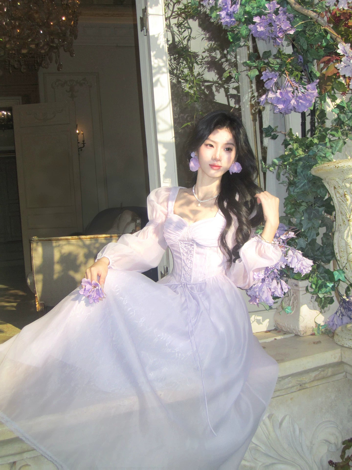 Modest A line Sweetheart Lilac Chiffon Ankle Length Long Sleeves Prom Dresses Wedding Guest Dress 20th Party Birthday Outfits AB2439