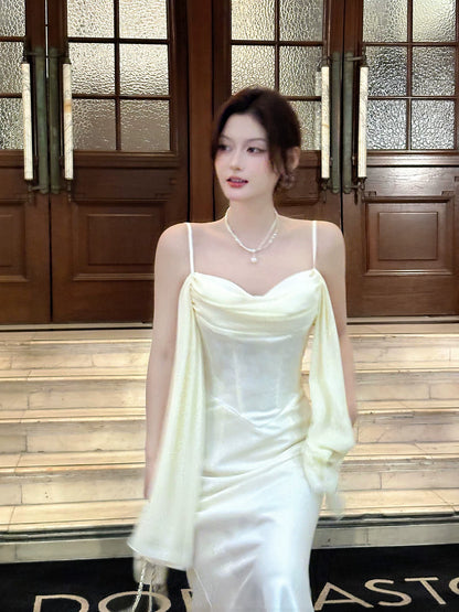 Sexy Mermaid Spaghetti Straps White Satin Ankle Length Prom Dresses Wedding Guest Dress 20th Birthday Outfits AB2477