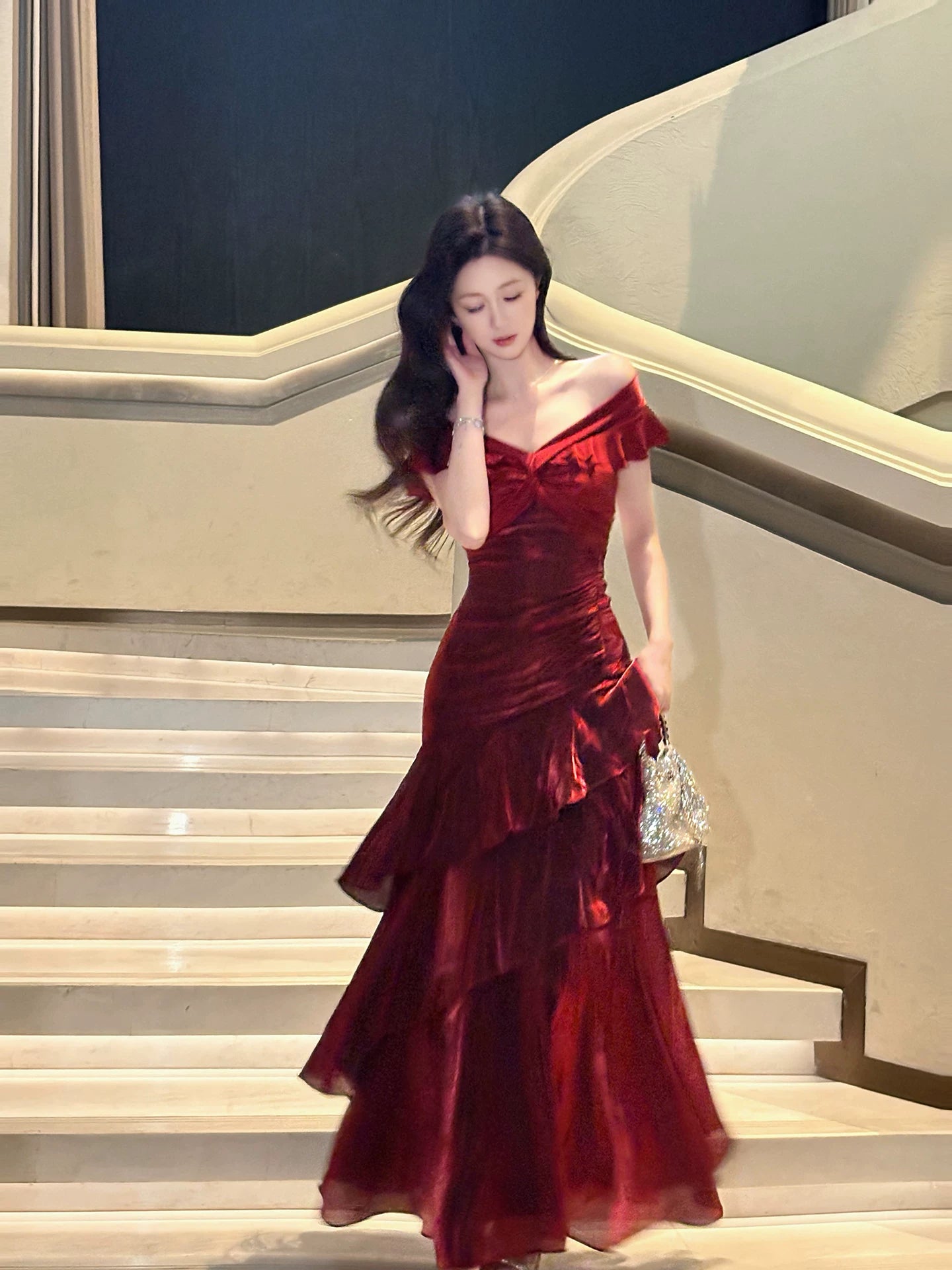 Elegant Mermaid Off The Shoulder Burgundy Long Prom Dresses 16th Nigh Party Birthday Outfits AB2460